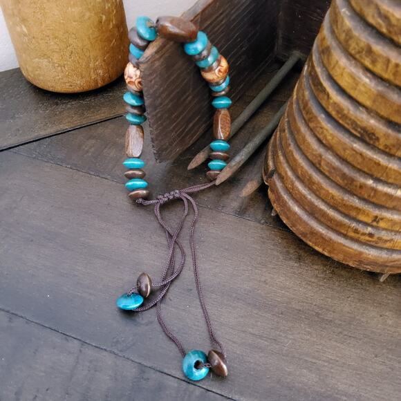 Wooden Bead Stacked Slide Bracelet Brown Turquoise - Picture 5 of 7